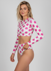Shoreline Glow Hibiscus Pink Long Sleeve Bikini Top