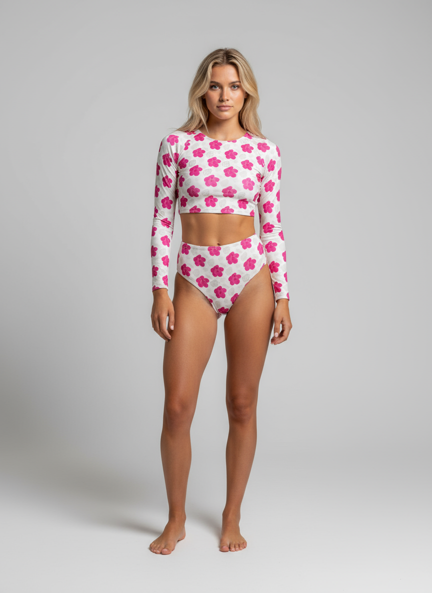 Shoreline Glow Hibiscus Pink Long Sleeve Bikini Top
